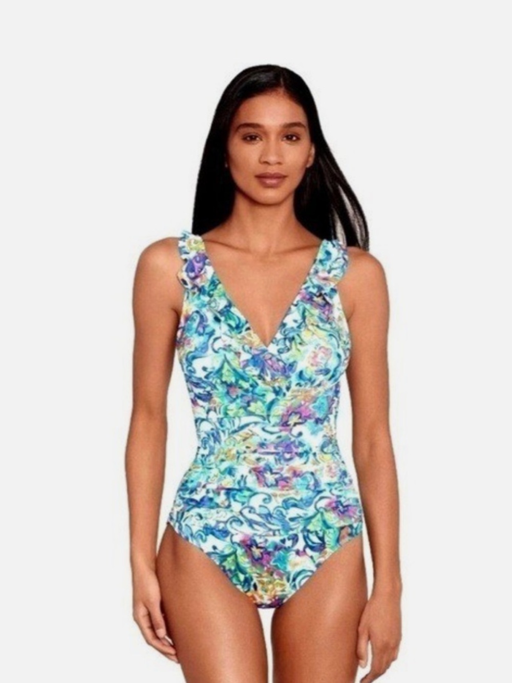 LAUREN Ralph Lauren Swimsuit Ruffle V-neck One Piece Multi Print
